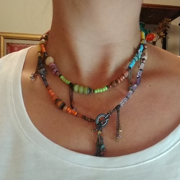 Boho Multi Colored Semi Prescious Stone Necklace - Picture 1 of 8
